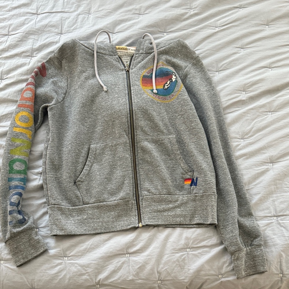 Aviator Nation Gray Hoodie with Rainbow Accents